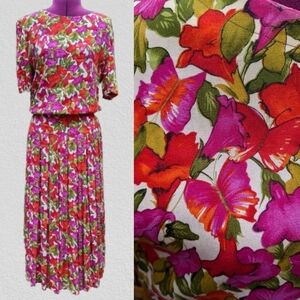 Vtg 80s Donna Morgan butterfly floral rayon dress